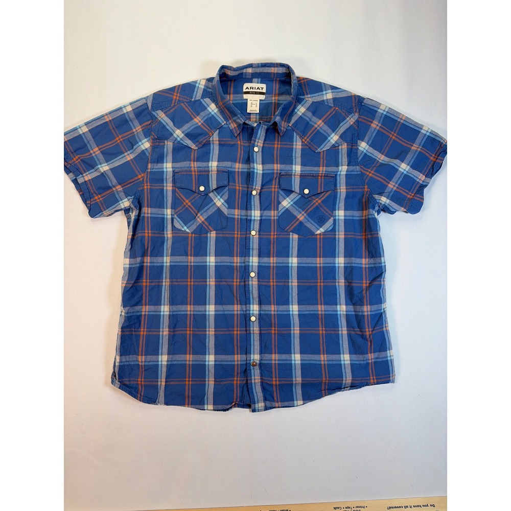 Ariat Retro Fit Mens XL Blue Orange Plaid Short Sleeve Western Button Down Shirt